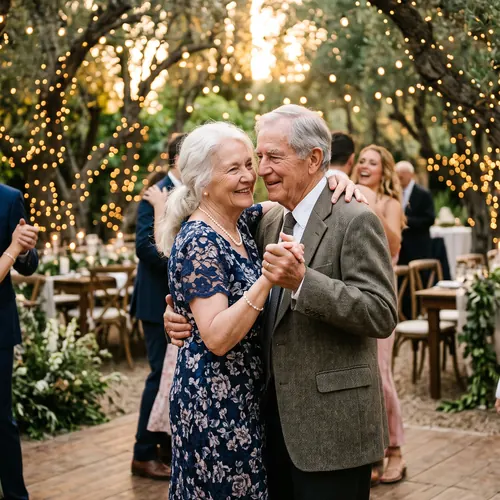 An older couple dances cheek to cheek under string lights in the olive grove.