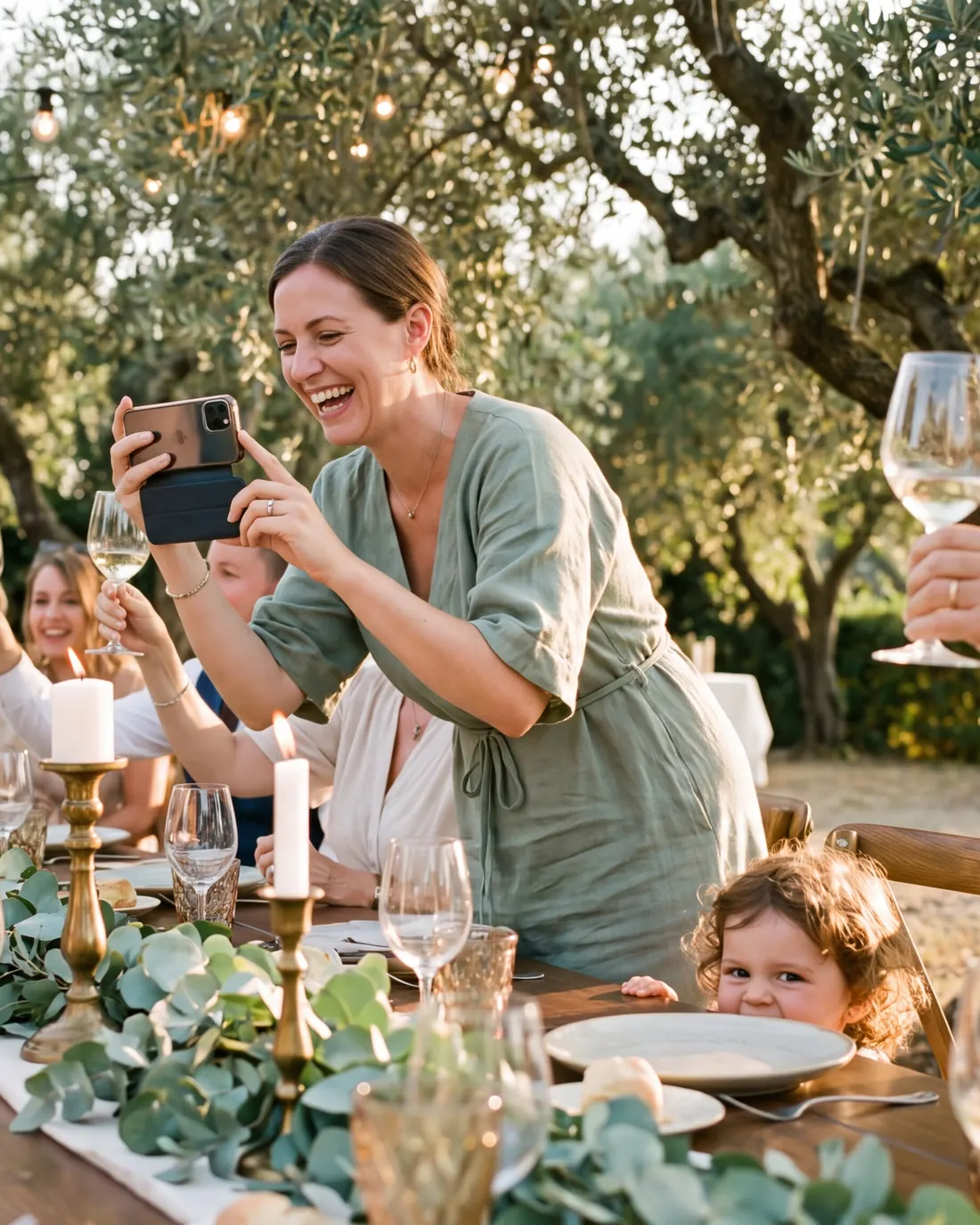 A guest in a sage linen dress stands to photograph friends raising their glasses at a long table under olive trees.