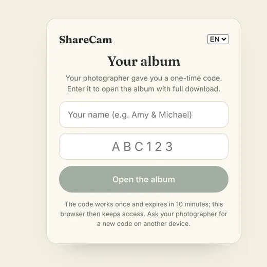 The couple's album page: Your album, your name and the one-time code from the photographer, and an Open the album button.