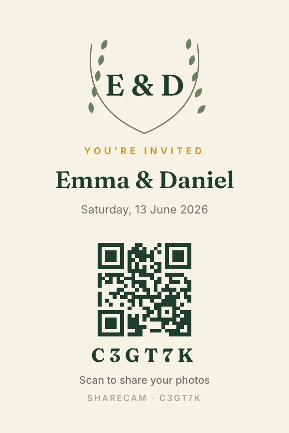 Laurel design: initials in a laurel crest, Emma & Daniel, the date and the QR code.