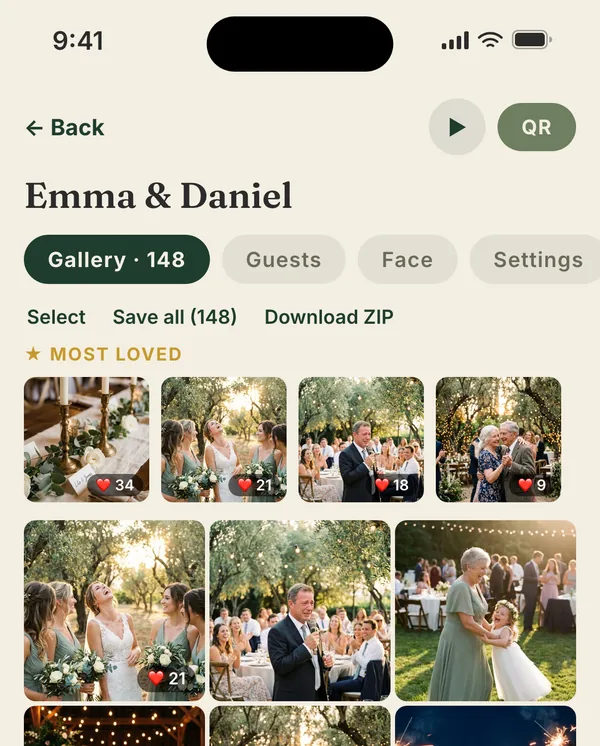 The top of the host's gallery for Emma & Daniel: Gallery · 148, then Select, Save all (148) and Download ZIP above the Most loved photos.