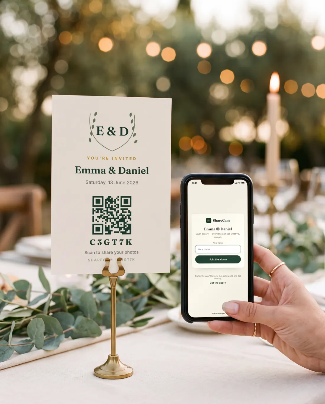 A guest holds her phone next to a Laurel table card with a QR code; the phone shows the Sharecam join page in the browser: Emma & Daniel, a Your name field and a Join the album button.