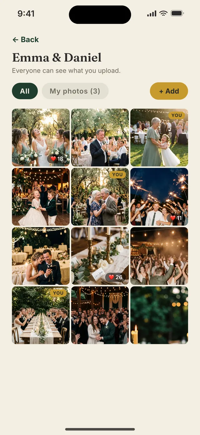 The live gallery for Emma & Daniel on a guest's phone: 'Everyone can see what you upload', a grid of the party's photos, some marked YOU.