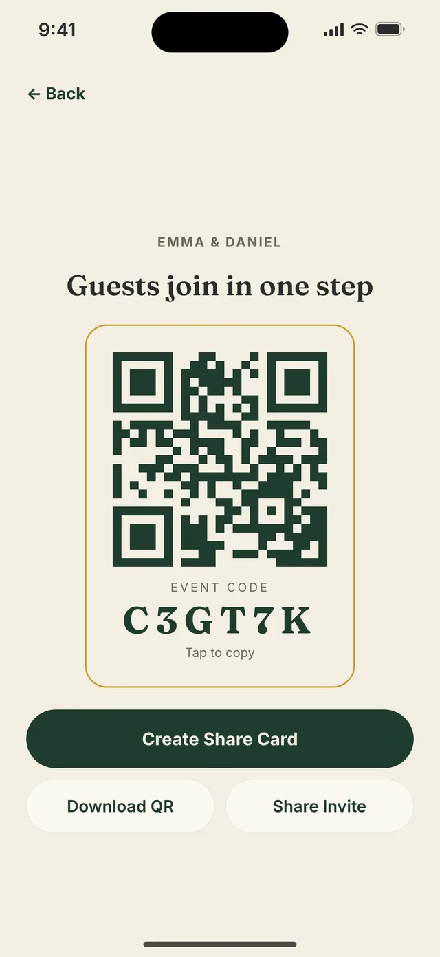 The app's QR screen for Emma & Daniel: 'Guests join in one step', the event's QR code and code, and a Create Share Card button.