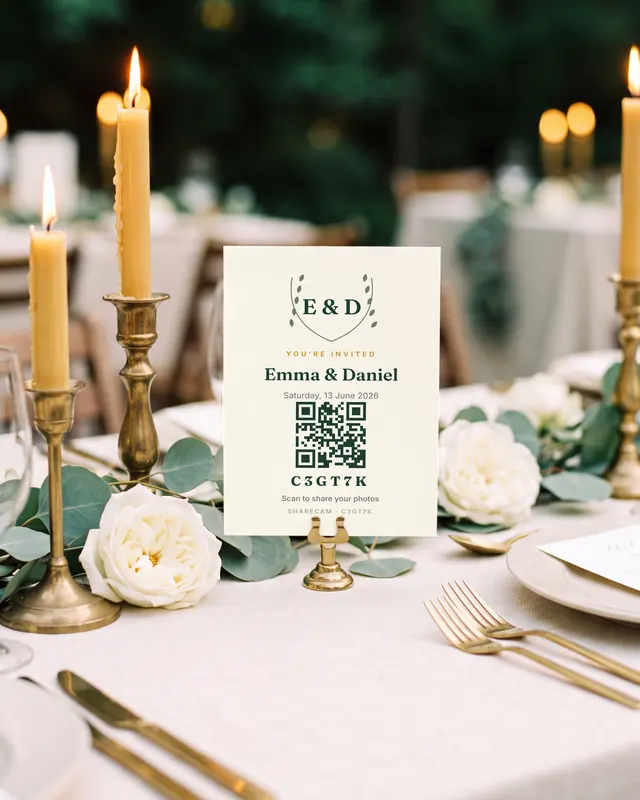 A printed Laurel table card with its QR code on a brass holder, between beeswax candles and white roses.