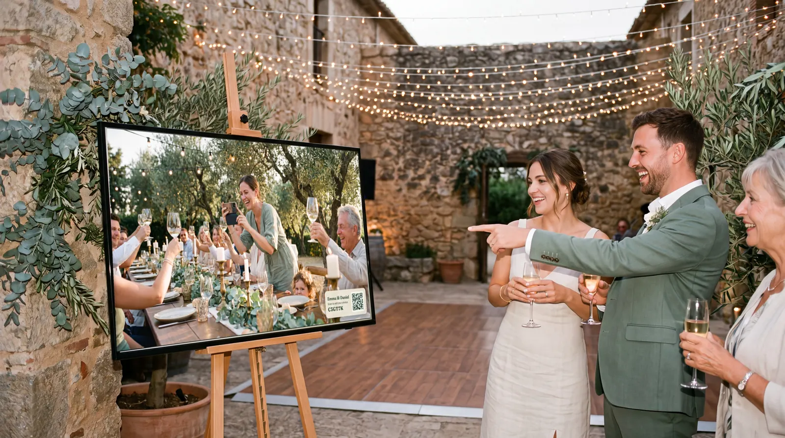 Guests point at a TV on an easel in a stone courtyard. It shows the live wall: a guest photo full screen, with the event name, code and a QR code in the corner.